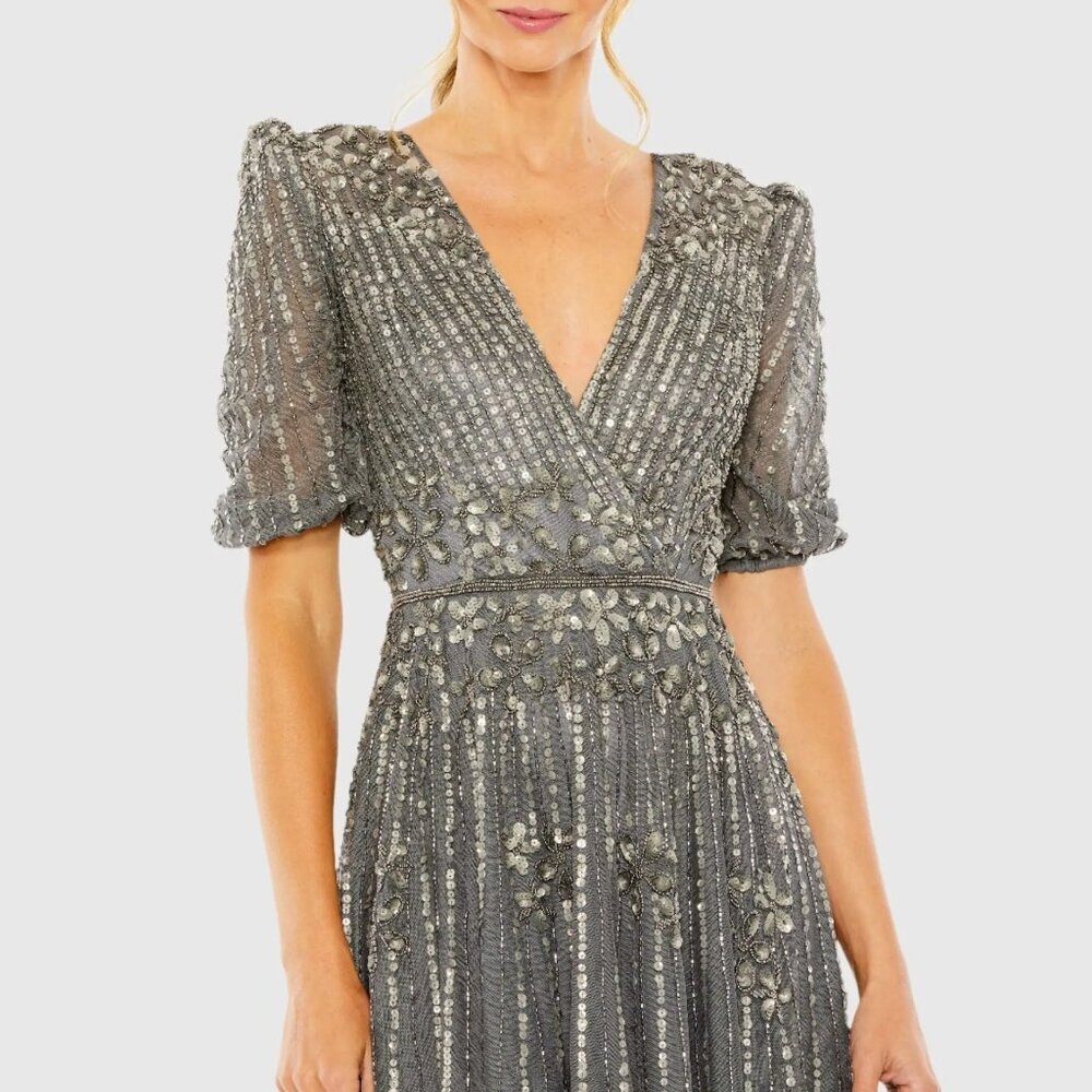 FLAW - Mac Duggal Puff Quarter Length Sleeve V-Neck Dress Pewter 2 #A0076 - Picture 3 of 11